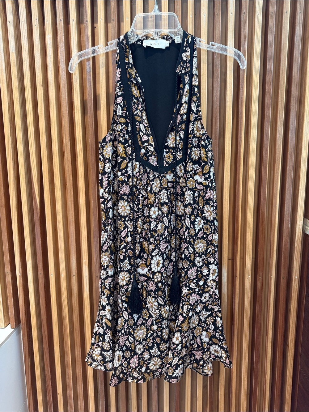 A.L.C. Black Floral Tassel V-Neck Mini Dress